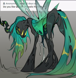 Size: 2048x2100 | Tagged: safe, artist:glacierclear, queen chrysalis, changeling, changeling queen, goo, g4, ask, fangs, female, gray background, grin, high res, horn, multiple eyes, simple background, slit pupils, smiling, solo, spread wings, text, wings