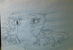 Size: 400x274 | Tagged: safe, artist:chandelurres, fluttershy, gilda, rainbow dash, griffon, pegasus, pony, g4, female, mare, protecting