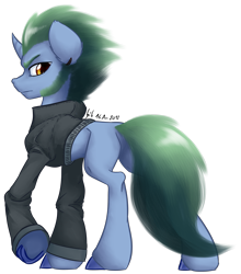 Size: 3213x3654 | Tagged: safe, artist:thatonegib, oc, oc only, oc:cleansing cold, pony, unicorn, clothes, ear piercing, earring, high res, jacket, jewelry, leather, leather jacket, looking at you, looking back, looking back at you, male, piercing, signature, simple background, skinny, slender, solo, stallion, thin, transparent background, unshorn fetlocks, yellow eyes