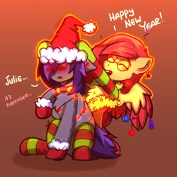 Size: 2000x2000 | Tagged: safe, artist:freak-side, oc, oc:gray summit, oc:july vortex, earth pony, pegasus, pony, bell, bell collar, blushing, christmas, clothes, collar, duo, female, garland, glasses, happy new year, hat, high res, holiday, male, santa hat, simple background, smiling, socks, text, tinsel
