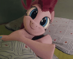 Size: 480x384 | Tagged: safe, artist:trombonyponypie, pinkie pie, earth pony, pony, g4, 3d, animated, bed, blender, c:, cgi, cute, diapinkes, eyes closed, female, fluffy, happy, looking at you, lying down, mare, morning ponies, on side, photo, realistic, reversed, sleeping, sleepy, smiling, solo, stretching, uncanny valley, underhoof, webm, yawn