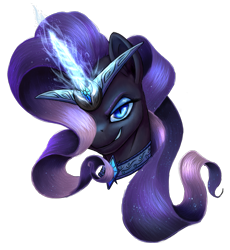 Size: 1468x1594 | Tagged: safe, artist:thatonegib, nightmare rarity, pony, unicorn, g4, bust, collar, female, flowing mane, glowing, glowing horn, horn, jewelry, looking at you, mare, necklace, portrait, simple background, solo, transparent background