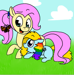 Size: 797x803 | Tagged: safe, artist:chandelurres, fluttershy, oc, butterfly, pegasus, pony, g4, cloud, duo, female, grass, mare