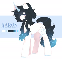 Size: 2395x2266 | Tagged: safe, artist:cofiiclouds, oc, oc only, oc:aaron, pony, unicorn, color palette, colored hooves, colored horn, constellation hair, curved horn, ear piercing, earring, eye clipping through hair, feminine stallion, gradient mane, gradient tail, high res, hooves, horn, jewelry, long mane male, mixed pronouns, piercing, ponytail, pronouns, reference sheet, shiny hooves, solo, tail, unicorn oc