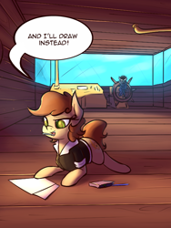 Size: 600x800 | Tagged: safe, artist:subjectnumber2394, oc, oc:copper wings, pegasus, pony, ask copper wings, ask, clothes, colt, comic, drawing, foal, jacket, lying down, male, mouth hold, paper, pencil, prone, steering wheel, wingless