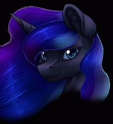 Size: 2628x2864 | Tagged: safe, artist:thatonegib, princess luna, alicorn, pony, g4, black background, ethereal mane, female, high res, horn, livestream, looking at you, patreon, patreon link, simple background, solo