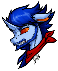 Size: 1604x1956 | Tagged: safe, artist:thatonegib, oc, oc only, changedling, changeling, bandana, beard, black outlines, bust, changedling oc, changeling oc, curved horn, facial hair, horn, looking back, male, moustache, neckerchief, reaction image, serious, serious face, signature, simple background, solo, transparent background