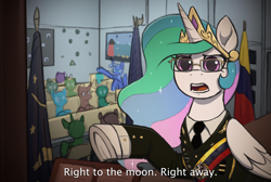 Size: 3909x2625 | Tagged: safe, artist:selenophile, princess celestia, princess luna, alicorn, pony, g4, clothes, crown, detailed background, dialogue, dictator, female, flag, glasses, high res, jewelry, mare, meme, necktie, open mouth, parks and recreation, regalia, s1 luna, shirt, subtitles, to the moon, underhoof, uniform