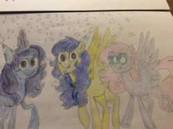 Size: 1024x765 | Tagged: safe, artist:chandelurres, oc, pegasus, pony, unicorn, female, happy new year, holiday, mare, spread wings, trio, wings