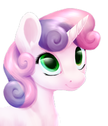 Size: 1096x1278 | Tagged: safe, artist:thatonegib, sweetie belle, pony, unicorn, g4, bust, cute, female, filly, foal, green eyes, horn, looking up, multicolored hair, patreon, simple background, smiling, transparent background