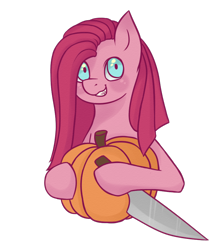 Size: 800x900 | Tagged: safe, artist:cloudbrownie, pinkie pie, earth pony, pony, g4, female, halloween, holiday, knife, mare, pinkamena diane pie, pumpkin, pumpkin carving, simple background, solo, transparent background