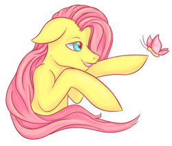Size: 900x765 | Tagged: safe, artist:cloudbrownie, fluttershy, butterfly, pegasus, pony, g4, female, looking offscreen, mare, raised hoof, simple background, solo, tongue out, transparent background, wingless