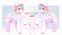 Size: 1199x669 | Tagged: safe, artist:cofiiclouds, oc, oc only, unnamed oc, earth pony, pony, clothes, coat markings, collar, color palette, colored hooves, facial markings, hooves, mealy mouth (coat marking), mismatched hooves, multicolored hair, pale belly, rainbow hair, raised hoof, red eyes, reference sheet, socks (coat markings), solo, stockings, thigh highs, tongue out