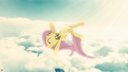 Size: 1920x1080 | Tagged: safe, artist:drakesparkle44, artist:flutterguy317, edit, fluttershy, pegasus, pony, g4, cloud, eyes closed, female, goggles, lighting, mare, sky, smiling, solo, stars, sunlight, wallpaper, wallpaper edit, watermark