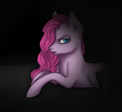 Size: 900x831 | Tagged: safe, artist:cloudbrownie, pinkie pie, earth pony, pony, g4, dark background, female, hair over one eye, looking at you, lying down, mare, pinkamena diane pie, prone, side view, simple background, solo