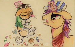 Size: 1024x635 | Tagged: safe, artist:peachykeenponies, oc, oc only, oc:nia, pony, quagga, unicorn, zebra, conductor, female, filly, foal, magic, raspberry, tongue out