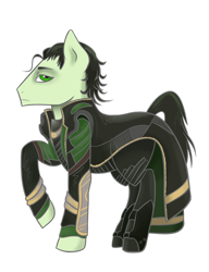 Size: 900x1171 | Tagged: safe, artist:cloudbrownie, earth pony, pony, avengers, crossover, loki, looking at you, male, mischievous, ponified, raised hoof, side view, simple background, solo, stallion, transparent background