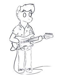 Size: 1244x1648 | Tagged: safe, artist:toanderic, oc, oc only, oc:toanderic, semi-anthro, arm hooves, chibi, clothes, converse, electric guitar, guitar, hawaiian shirt, musical instrument, shirt, shoes, sketch, solo