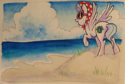 Size: 900x605 | Tagged: safe, artist:peachykeenponies, oc, oc only, oc:peachy keen, pegasus, pony, beach, solo, sunglasses