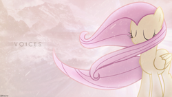 Size: 1920x1080 | Tagged: safe, artist:cloudy glow, artist:drakesparkle44, edit, fluttershy, pegasus, pony, g4, eyes closed, female, mare, mountain, mountain range, smiling, solo, wallpaper, wallpaper edit, watermark, windswept mane