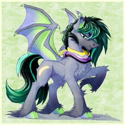 Size: 1225x1228 | Tagged: safe, artist:thatonegib, derpibooru exclusive, oc, oc only, bat pony, bandana, bat pony oc, bat wings, commission, looking at you, multicolored hair, neckerchief, raised hoof, smiling, solo, unshorn fetlocks, wings, ych result