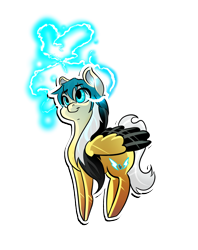 Size: 2400x3036 | Tagged: safe, artist:marrow-pony, oc, oc only, pegasus, pony, black mane, cyan eyes, cyan mane, happy, high res, multicolored mane, simple background, smiling, solo, sparks, tail, transparent background, white mane, white tail, wings, yellow coat