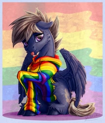 Size: 1051x1226 | Tagged: safe, artist:thatonegib, derpibooru exclusive, oc, oc only, pegasus, pony, clothes, commission, hoodie, looking at you, pride, pride flag, raised hoof, smiling, solo, unshorn fetlocks, ych result