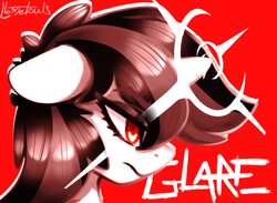 Size: 1080x791 | Tagged: safe, artist:llametsul, oc, oc only, oc:blackjack, pony, unicorn, fallout equestria, fallout equestria: project horizons, angry, female, floppy ears, glare, mare, monochrome, red background, signature, simple background, solo