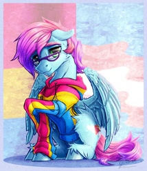 Size: 1051x1226 | Tagged: safe, artist:thatonegib, derpibooru exclusive, oc, oc only, pegasus, pony, clothes, commission, glasses, hoodie, looking at you, pansexual pride flag, pride, pride flag, raised hoof, smiling, solo, transgender pride flag, unshorn fetlocks, ych result