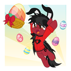 Size: 5000x5000 | Tagged: safe, artist:jhayarr23, bat pony, pony, basket, bat wings, clothes, commission, ear fluff, easter, easter egg, egg, fall out boy, fangs, folded wings, happy, holiday, hoodie, male, open mouth, pete wentz, ponified, shirt, slit pupils, solo, stallion, undershirt, wings, ych result