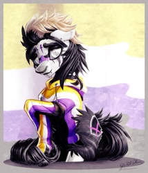 Size: 1051x1229 | Tagged: safe, artist:thatonegib, derpibooru exclusive, oc, oc only, clothes, commission, hoodie, looking at you, multicolored hair, nonbinary pride flag, pride, pride flag, raised hoof, smiling, solo, unshorn fetlocks, ych result