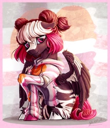 Size: 1051x1226 | Tagged: safe, artist:thatonegib, derpibooru exclusive, oc, oc only, pegasus, pony, clothes, commission, demigirl pride flag, hoodie, lesbian pride flag, looking at you, multicolored hair, pride, pride flag, raised hoof, smiling, solo, unshorn fetlocks, ych result