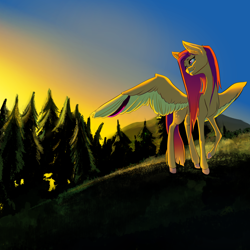 Size: 4200x4200 | Tagged: safe, artist:marrow-pony, oc, pegasus, pony, absurd resolution, ear fluff, forest background, pink eyes, pink mane, raised hoof, solo, spread wings, sunset, wings, yellow coat