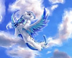 Size: 1540x1242 | Tagged: safe, artist:thatonegib, oc, oc only, pegasus, pony, clothes, cloud, colored wings, commission, flying, looking up, multicolored hair, multicolored wings, scarf, sky, smiling, solo, spread wings, unshorn fetlocks, wings, ych result