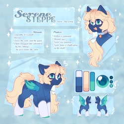 Size: 2400x2400 | Tagged: safe, artist:cofiiclouds, oc, oc only, oc:serene steppe, bat pony, pony, blaze (coat marking), bow, coat markings, collar, color palette, colored hooves, colored wings, eye clipping through hair, eyebrows, eyebrows visible through hair, facial markings, folded wings, hair bow, high res, hooves, light blue background, open mouth, open smile, ponytail, reference sheet, simple background, smiling, socks (coat markings), solo, spread wings, two toned wings, wings