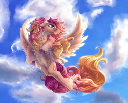 Size: 1540x1242 | Tagged: safe, artist:thatonegib, oc, oc only, pegasus, pony, cloud, commission, flying, long mane, long tail, looking up, multicolored hair, sky, smiling, solo, spread wings, tail, unshorn fetlocks, wings, ych result