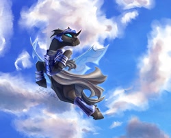 Size: 1540x1242 | Tagged: safe, artist:thatonegib, oc, oc only, oc:captain black lotus, changeling, armor, changeling armor, changeling oc, cloud, commission, flying, insect wings, looking up, sky, smiling, solo, spread wings, wings, ych result