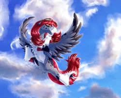 Size: 1540x1242 | Tagged: safe, artist:thatonegib, oc, oc only, pegasus, pony, aviator goggles, cloud, colored wings, commission, flying, goggles, goggles on head, looking up, multicolored wings, sky, smiling, solo, spread wings, unshorn fetlocks, wings, ych result