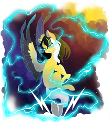 Size: 6400x7168 | Tagged: safe, artist:marrow-pony, oc, oc only, pegasus, pony, absurd resolution, black mane, colored wings, cyan eyes, flying, looking at you, simple background, solo, space, space background, sparks, transparent background, two toned mane, two toned wings, white mane, wings, yellow coat