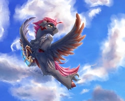 Size: 1540x1242 | Tagged: safe, artist:thatonegib, oc, oc only, amputee, cloud, commission, flying, horns, looking up, prosthetic leg, prosthetic limb, prosthetics, scar, sky, smiling, solo, spread wings, steampunk, unshorn fetlocks, wings, ych result