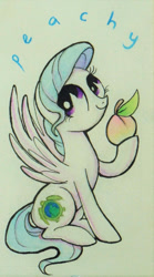 Size: 600x1076 | Tagged: safe, artist:peachykeenponies, oc, oc:peachy keen, pegasus, pony, female, food, herbivore, mare, peach, solo