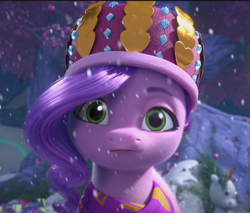 Size: 569x484 | Tagged: safe, screencap, pipp petals, pegasus, pony, g5, my little pony: make your mark, winter wishday, spoiler:g5, cropped, female, mare, snow, snowfall, solo