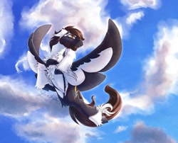 Size: 1540x1242 | Tagged: safe, artist:thatonegib, oc, oc only, beard, cloud, colored wings, commission, facial hair, flying, looking up, multicolored wings, sky, smiling, solo, spread wings, unshorn fetlocks, wings, ych result