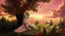 Size: 1920x1080 | Tagged: safe, artist:thatonegib, oc, oc only, pegasus, pony, commission, looking sideways, scenery, smiling, solo, sunset, tree, under the tree, unshorn fetlocks, ych result