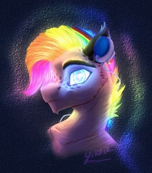 Size: 1110x1259 | Tagged: safe, artist:thatonegib, blue eyes, bust, fluffy, glowing, glowing eyes, glowing mane, headphones, looking at you, multicolored hair, portrait, rainbow hair, smiling, solo