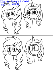 Size: 1024x1379 | Tagged: safe, artist:chandelurres, oc, pony, unicorn, bust, dialogue, duo, female, implied cannibalism, mare, simple background