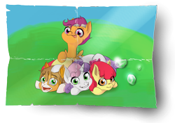 Size: 3972x2813 | Tagged: safe, artist:marrow-pony, apple bloom, scootaloo, sweetie belle, oc, earth pony, pegasus, pony, unicorn, g4, cutie mark crusaders, female, filly, foal, green eyes, group photo, happy, headband, high res, looking at you, lying, lying down, lying on the ground, magenta eyes, old photo, orange coat, orange eyes, simple background, smiling, teardrop, tongue out, transparent background, white coat, yellow coat
