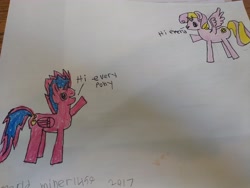 Size: 4608x3456 | Tagged: safe, artist:acid flask, oc, oc only, oc:acid flask, oc:hannah, alicorn, pony, 2d, colored, drawing, flying, horn, looking at you, male, paper, smiling, smiling at you, stallion, traditional art, waving, waving at you, wings