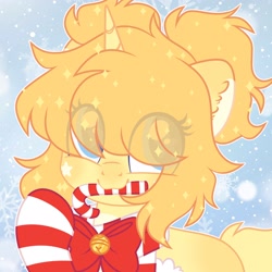 Size: 2048x2048 | Tagged: safe, artist:moonydropps, oc, oc only, pony, unicorn, bell, blue eyes, bow, bowtie, candy, candy cane, clothes, ears, food, hair, high res, horn, mane, scarf, snow, snowfall, socks, solo, striped socks