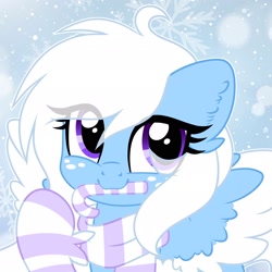 Size: 2048x2048 | Tagged: safe, artist:moonydropps, oc, oc only, pegasus, pony, candy, candy cane, clothes, ears, food, hair, high res, mane, purple eyes, scarf, snow, snowfall, socks, solo, spread wings, striped scarf, striped socks, wings